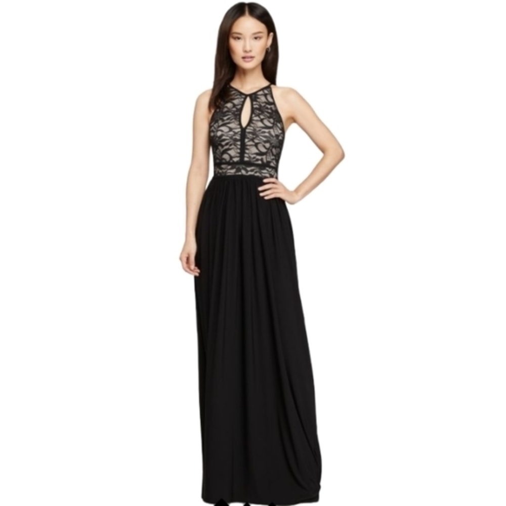 Nightway Lace Keyhole Halter‎ Dress w/ Jersey Skirt Size 8 Black Prom Whimsigoth